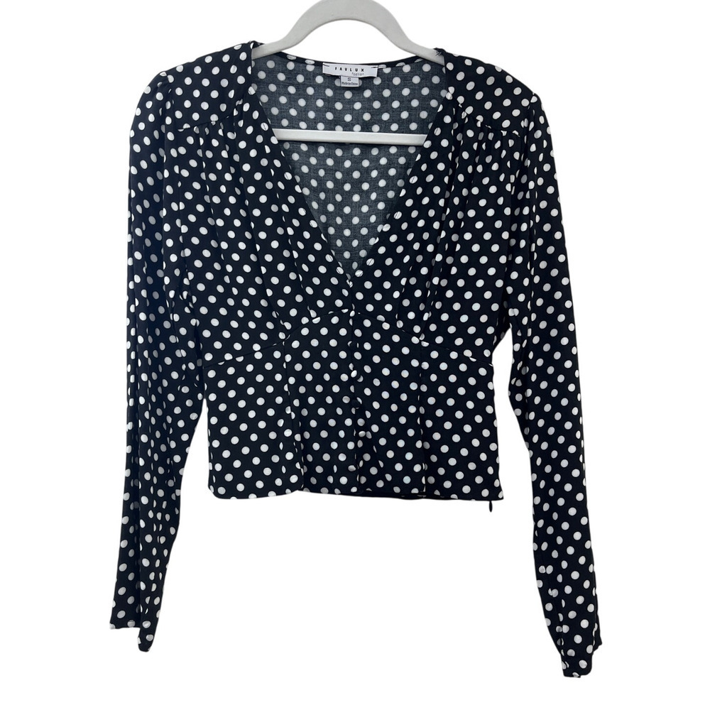 Favlux Deep V-Neck Polka Dot Faux Button Front Pullover Top Small Fitted Cropped